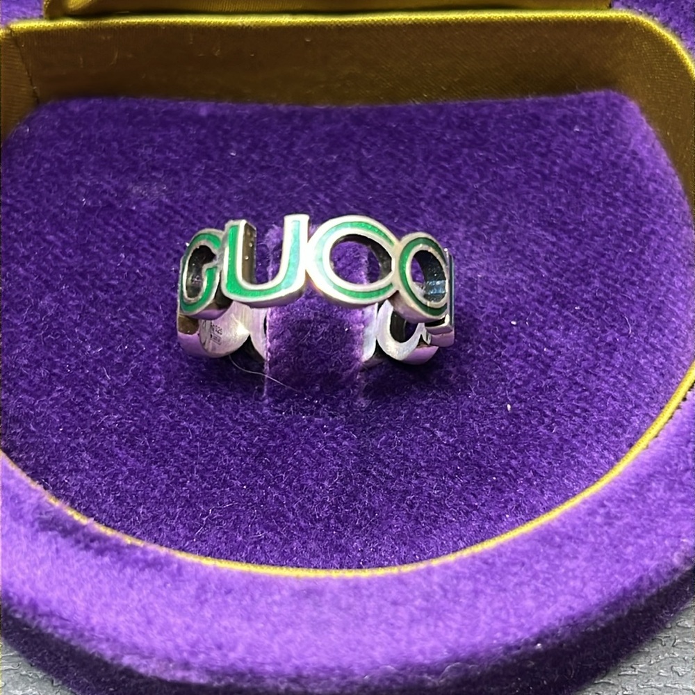 Gucci Interlocking G Ring 9MM Green Enamel STERLING SILVER Size 21 (9.5 US) EUC - Picture 5 of 11